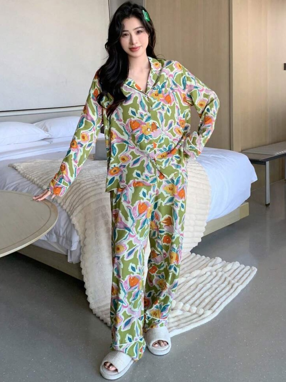 Dazy Green Floral Pajama Set Cozy Two-Piece Sleepwear M-S